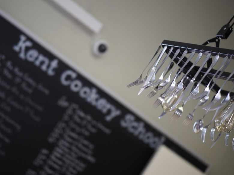 Photograph of The Kent Cookery School Menu with a Knives, Forks and Spoon Light Ftting