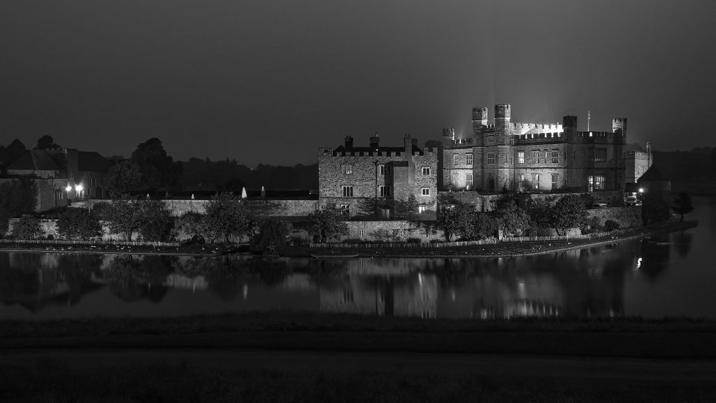 Black and White Photograph of Leeds Castle, Kent - Taken at Night